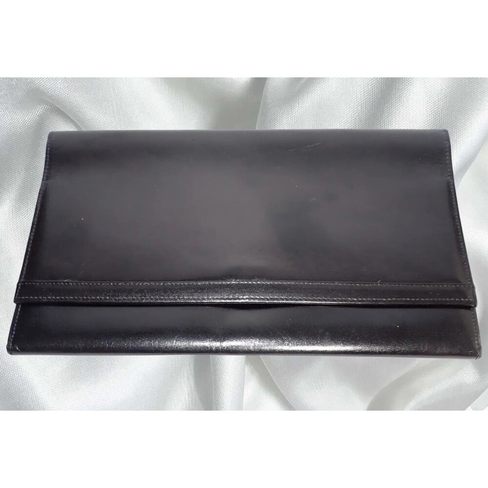 Vintage Koret Foldover Envelope Black Leather Evening Purse Clutch Bag 10" x 6"